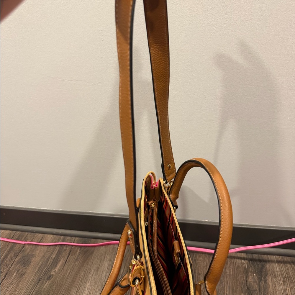 Tignanello Pink and Tan Colorblock Satchel with Gold Hardware - Picture 14 of 14